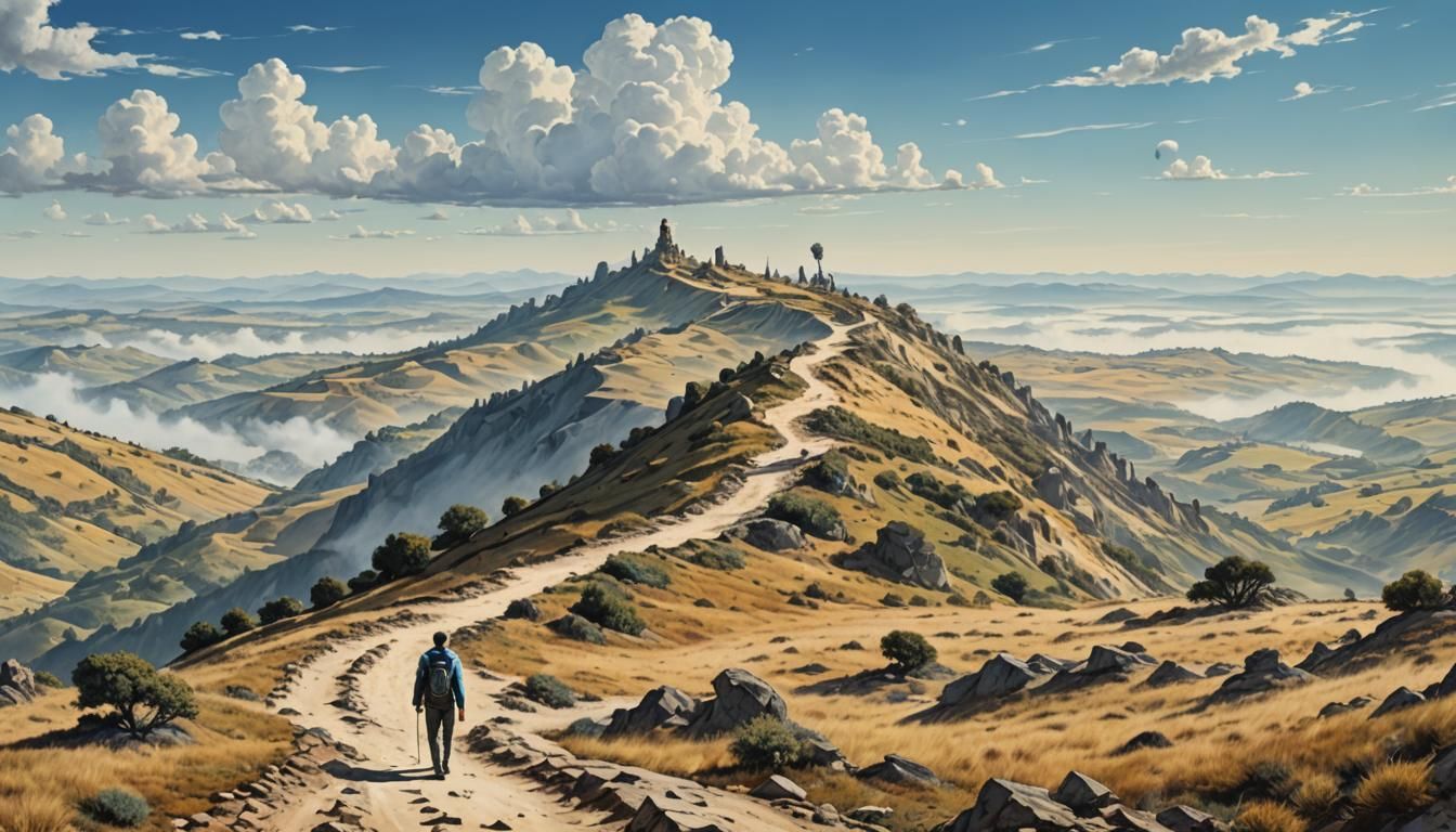 Surreal Panoramic Landscape with Lone Hiker