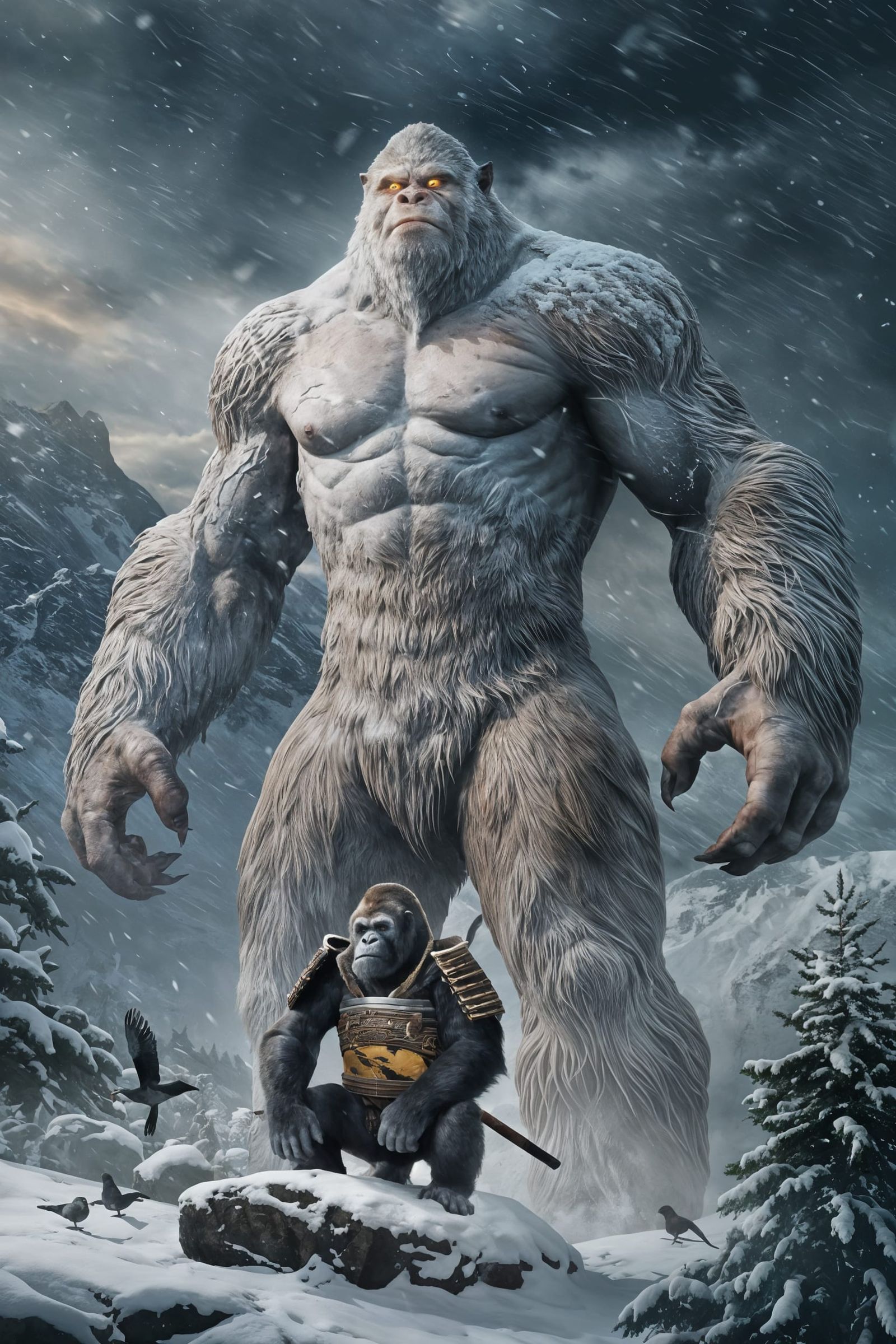 Ancient Gorilla Warrior in Snowy Mountain Storm