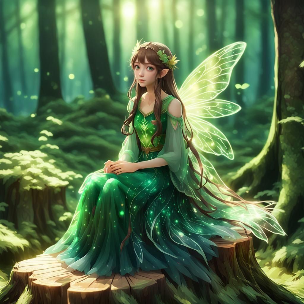 Woodland Fairy on Tree Stump in Anime Style