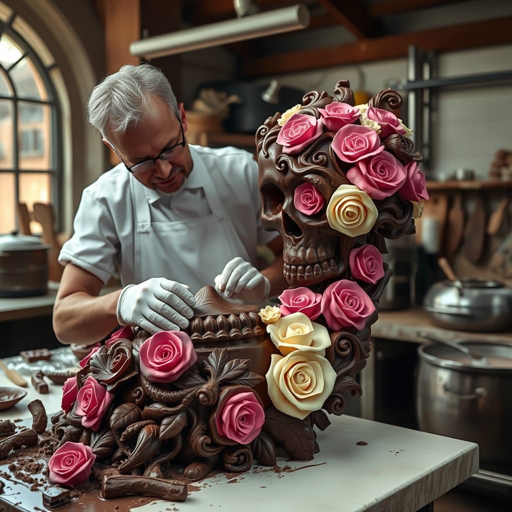 Hyperrealistic Chocolate Skull Sculpture in Factory