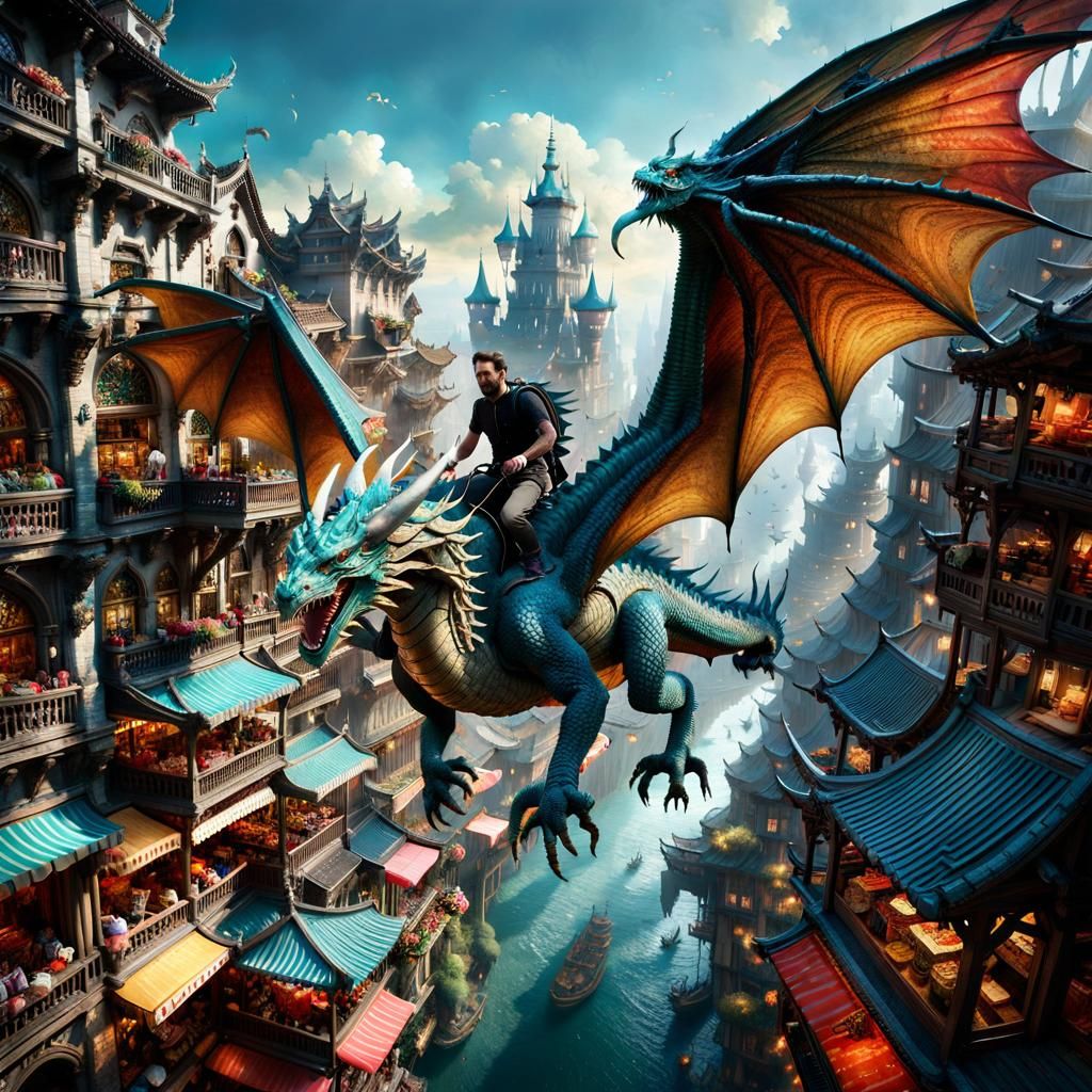 Dragon Rider Over Fantasy Market: Epic Aerial View
