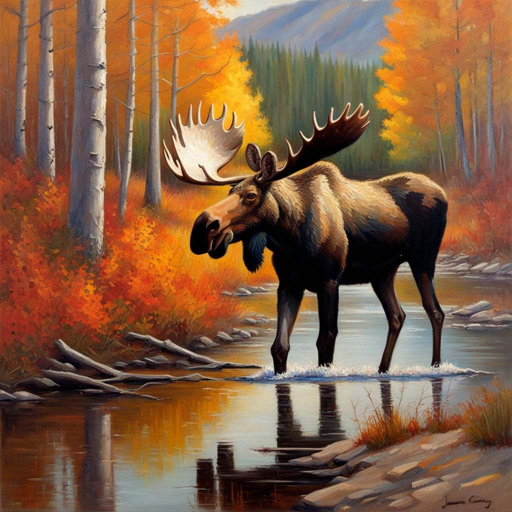 Moose in Fall Landscape as Oil Painting