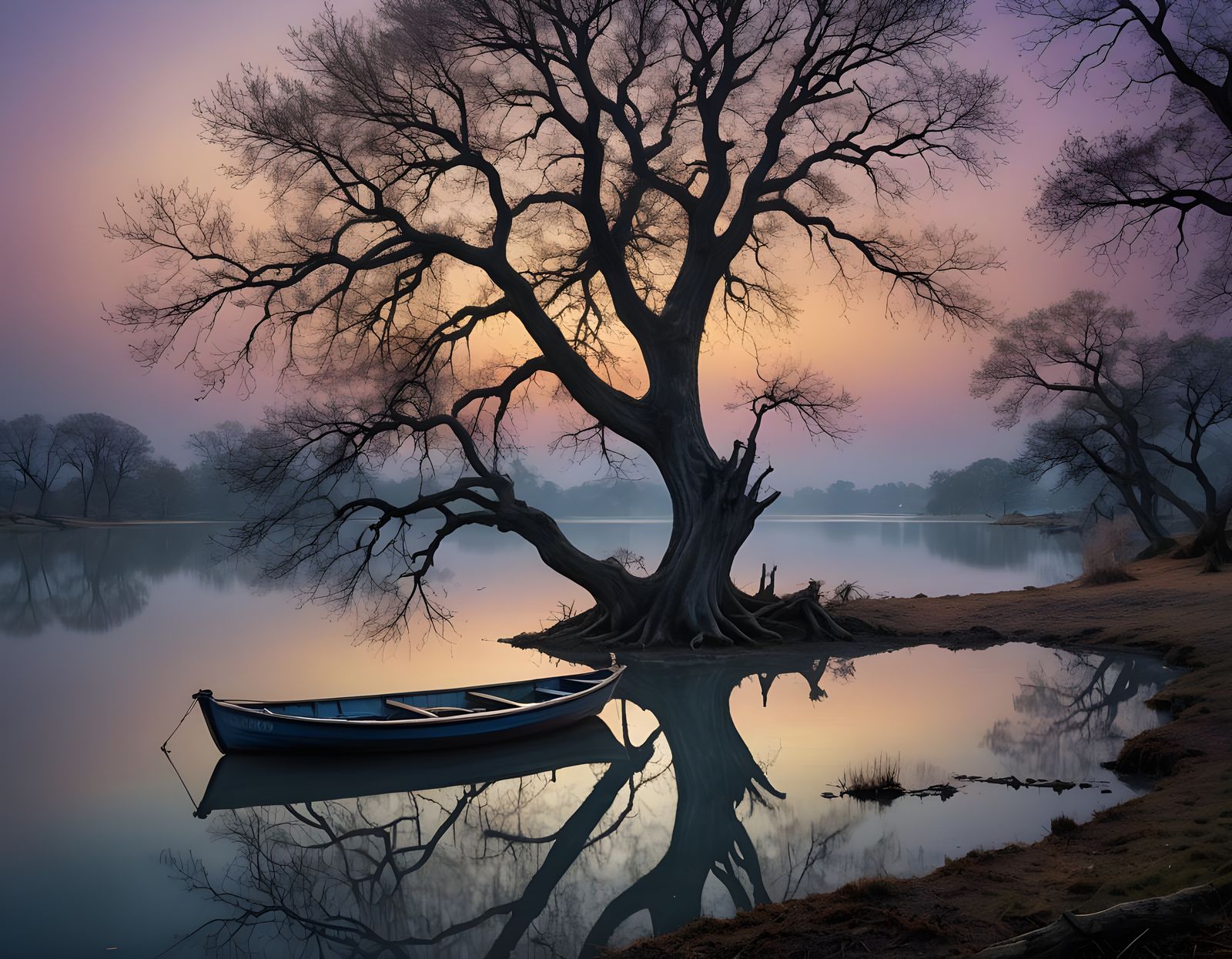 Misty Lake Fishing Boat at Dusk