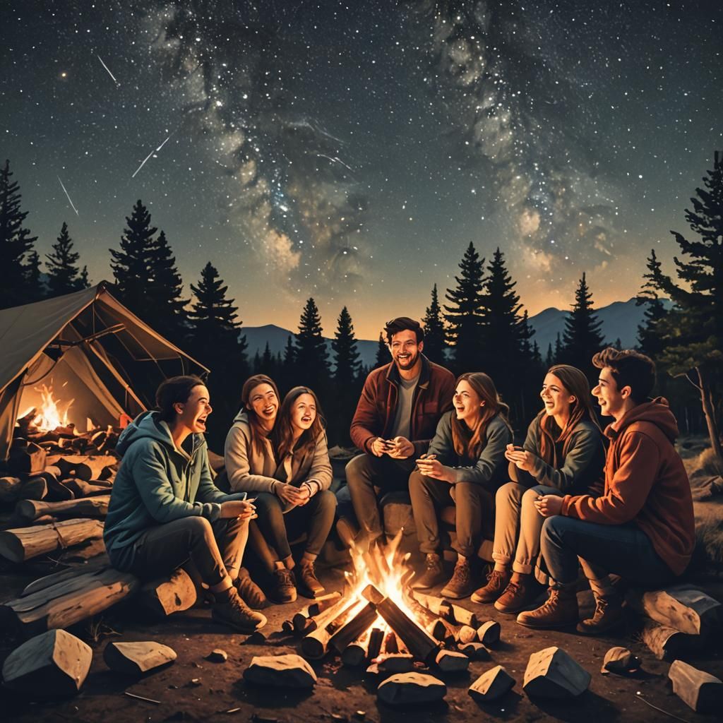 Friends Laughing Around Campfire Under Starry Night