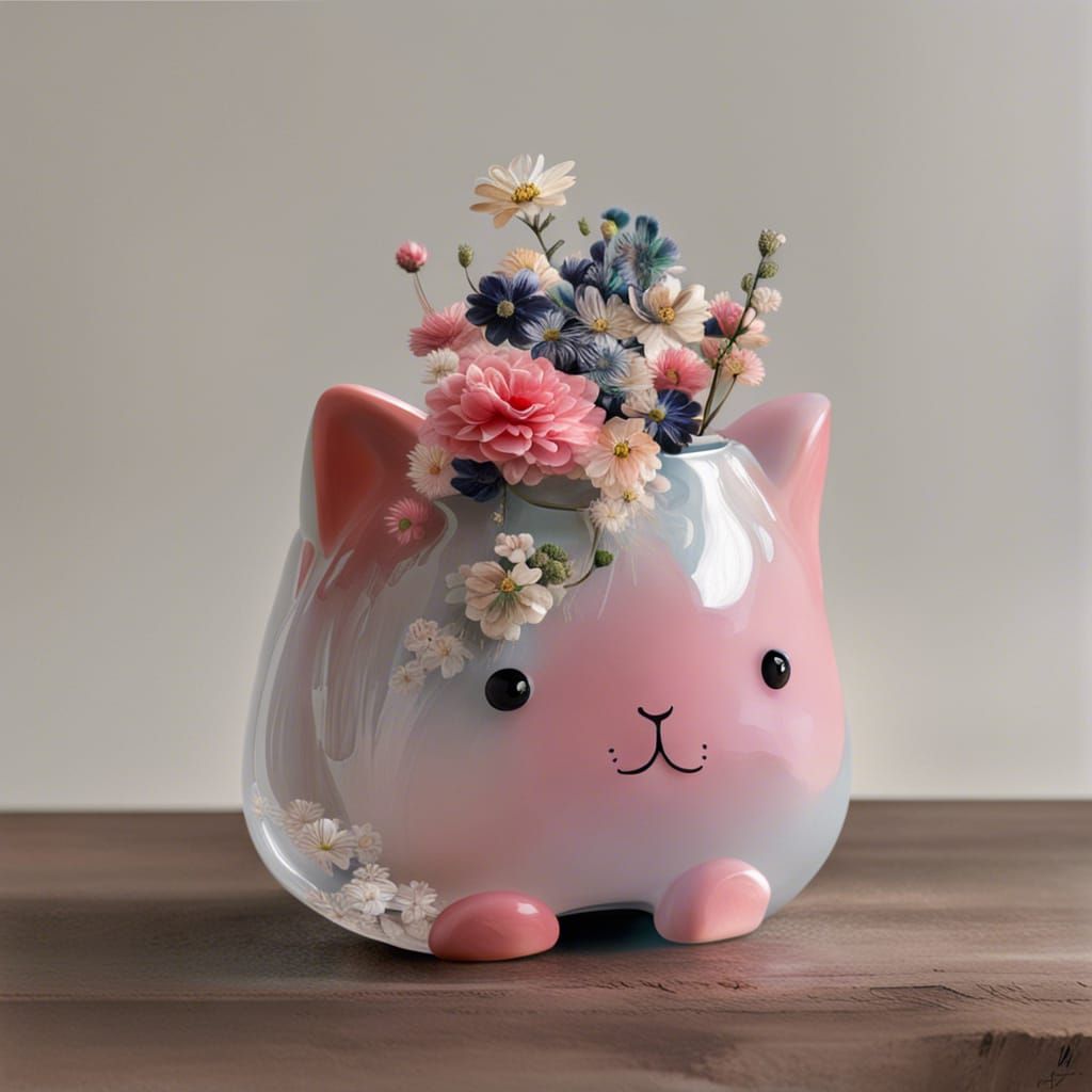 Kawaii Neko Ceramic Vase with Glassy Reflections