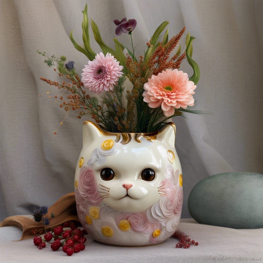 Kawaii Cat Flower Vase with Ceramic Details