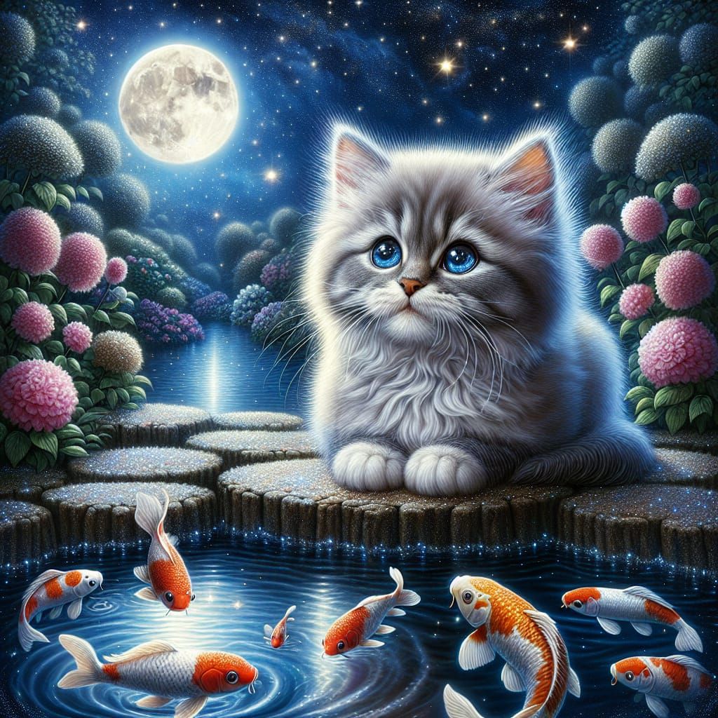 Moonlit Kitten by Koi Pond in Exquisite Garden