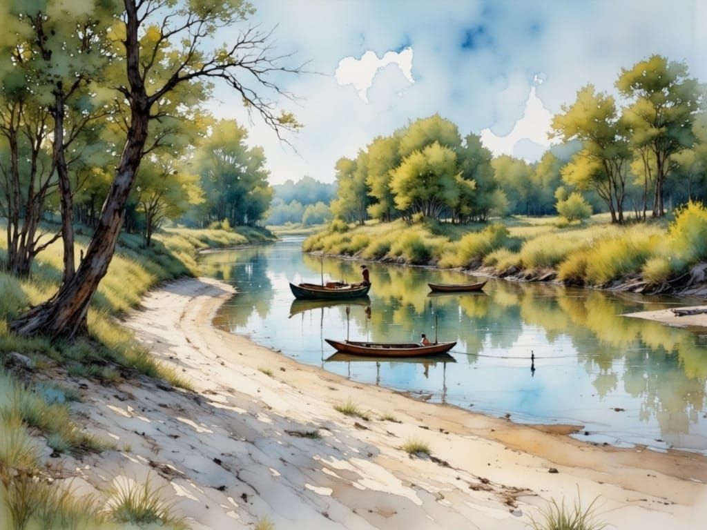 River Beach Fishermen in Watercolor Comic Book Art