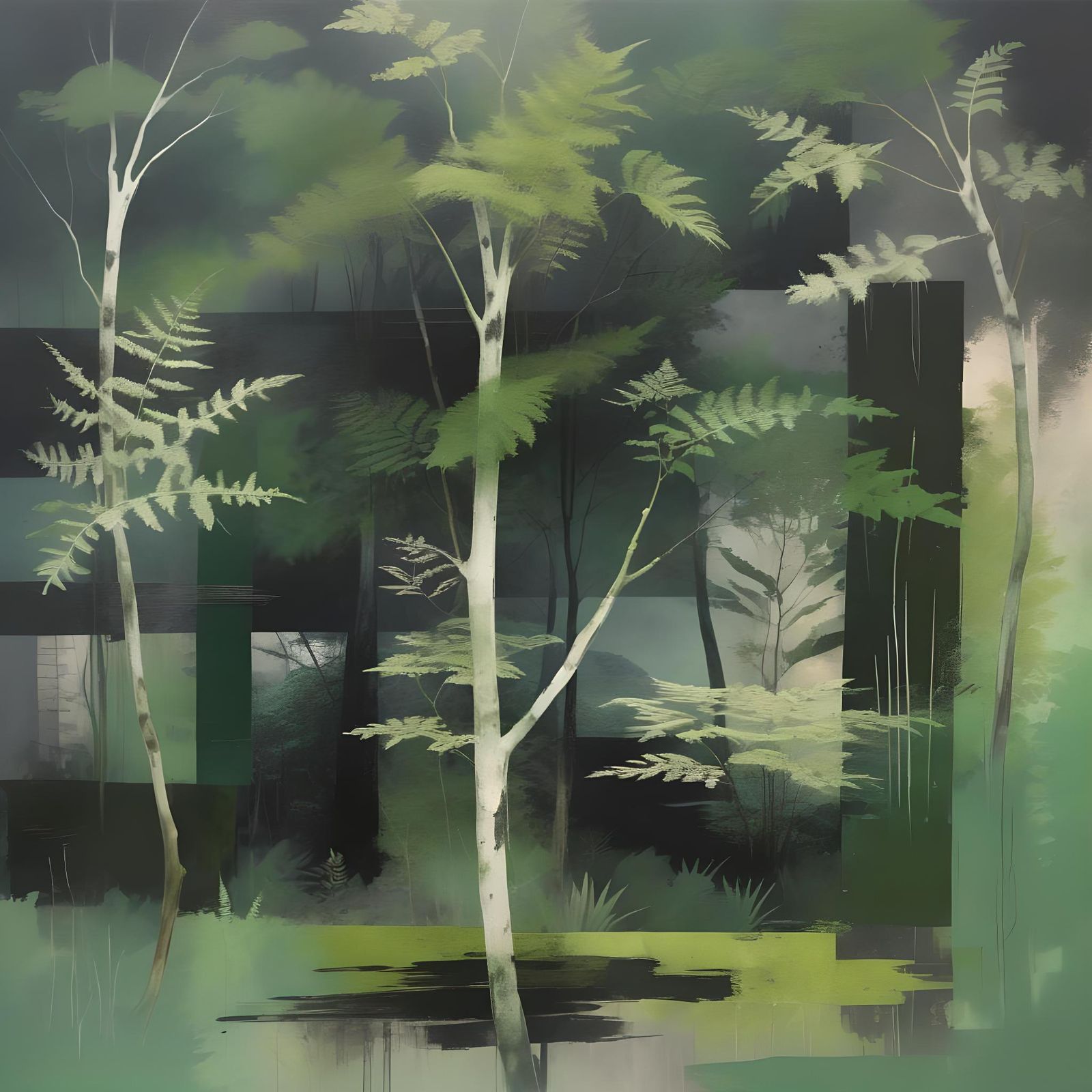 Abstract Landscape with Lush Trees and Black Grid