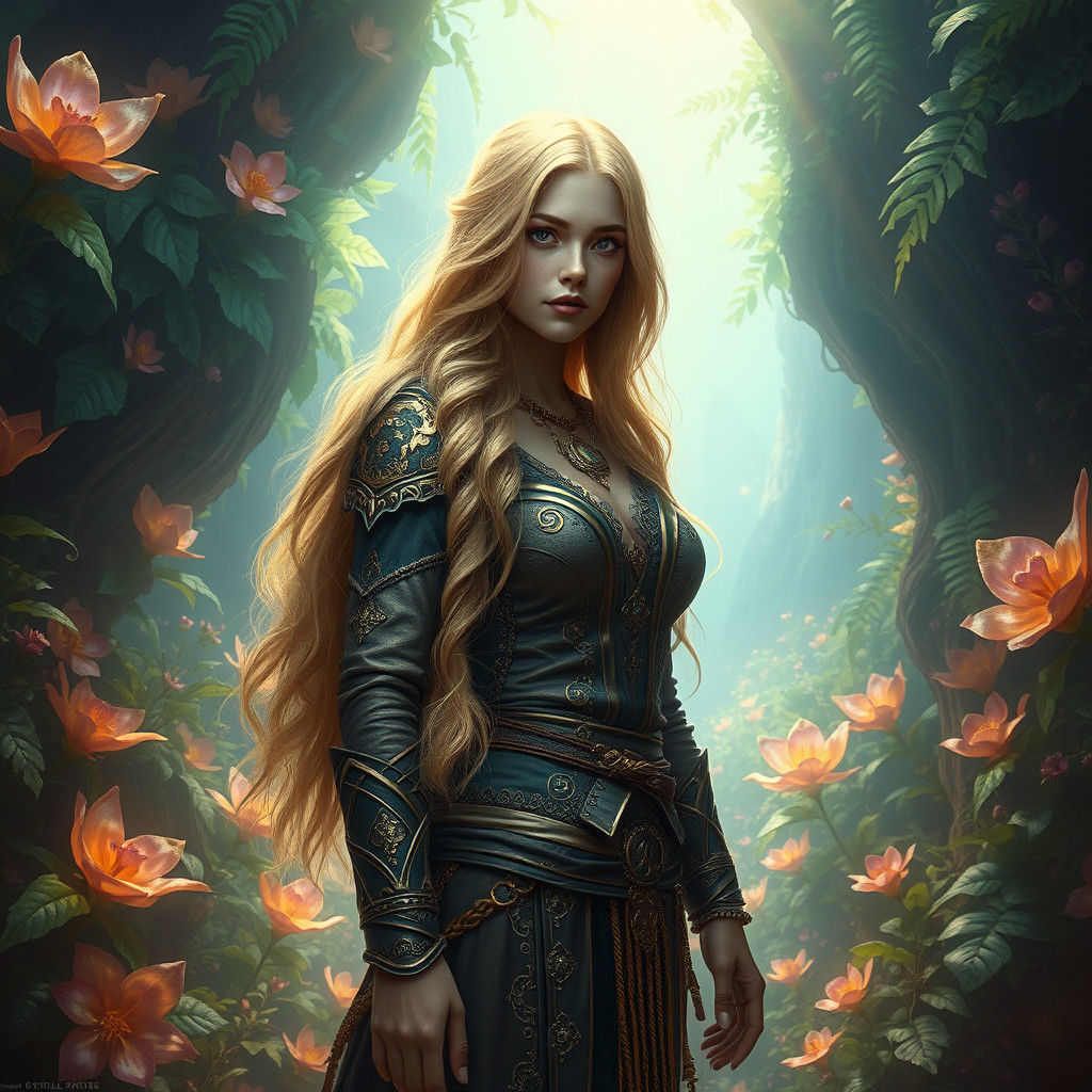 Mystical Blonde Heroine in Fantasy Realm