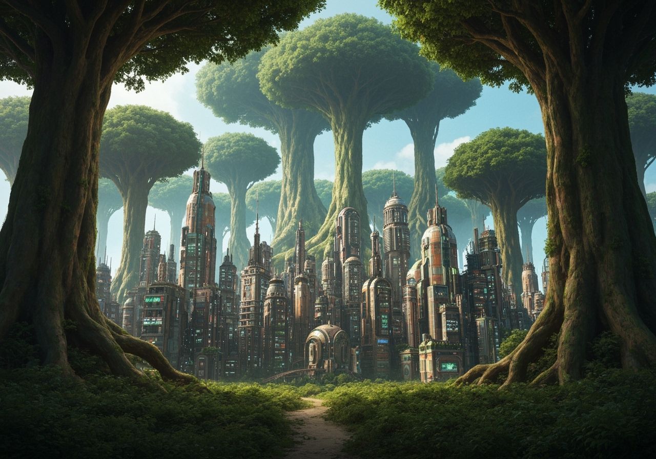Futuristic Teslapunk Atlantis Metropolis in Giant Rainforest