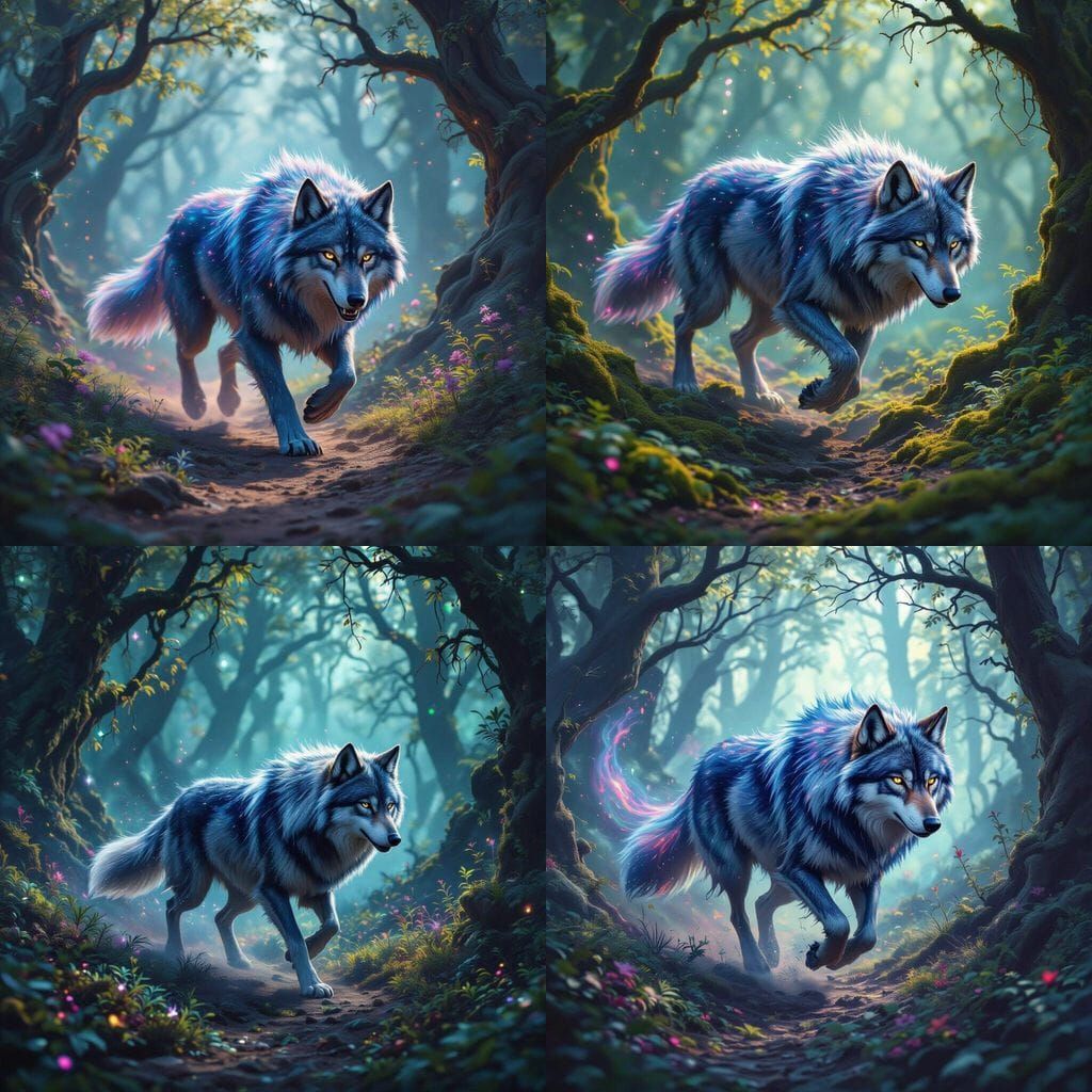 Galaxy Wolf Running Through Woods, Fantasy Concept Art