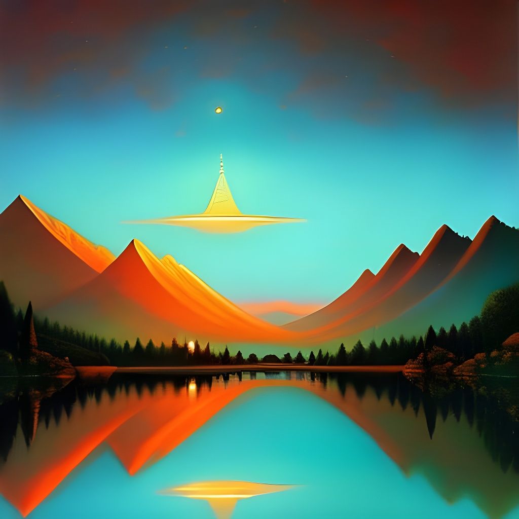 Star Gate Temple by Mountain Lake in Fantasy Style