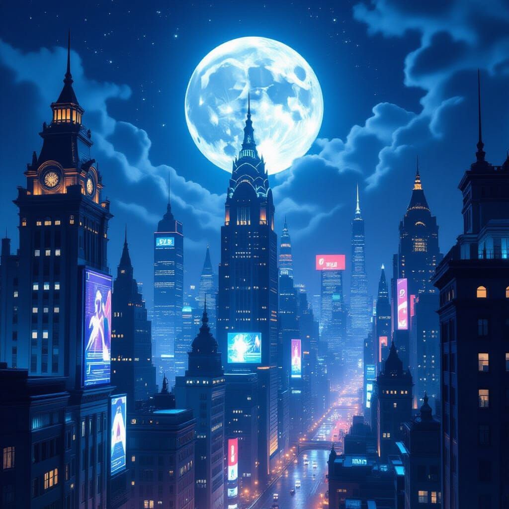 Futuristic Art Deco Cityscape Under Full Moon