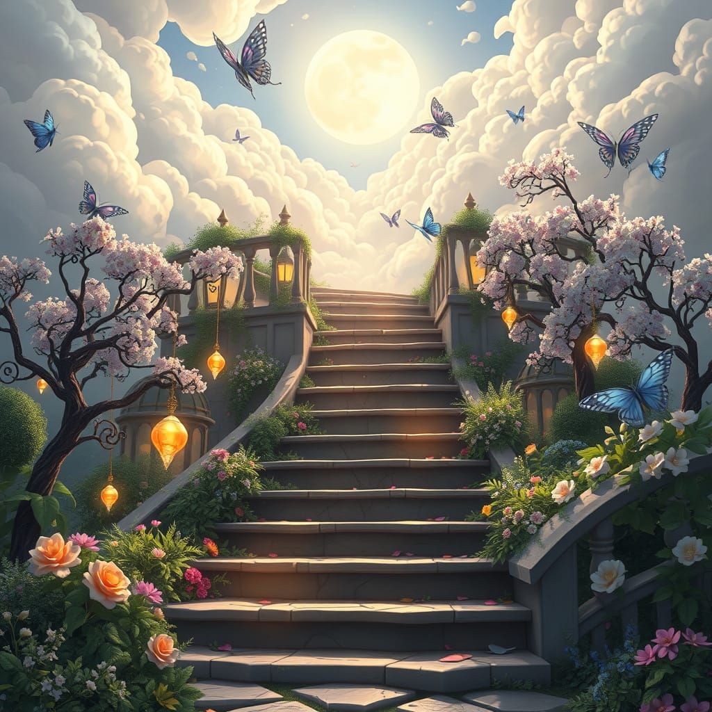Ethereal Stairs Ascend into Clouds in Anime Realism