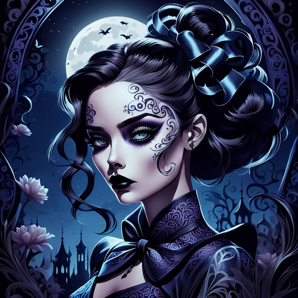 Gothic Woman with Florid Patterns in Dark Academia Style