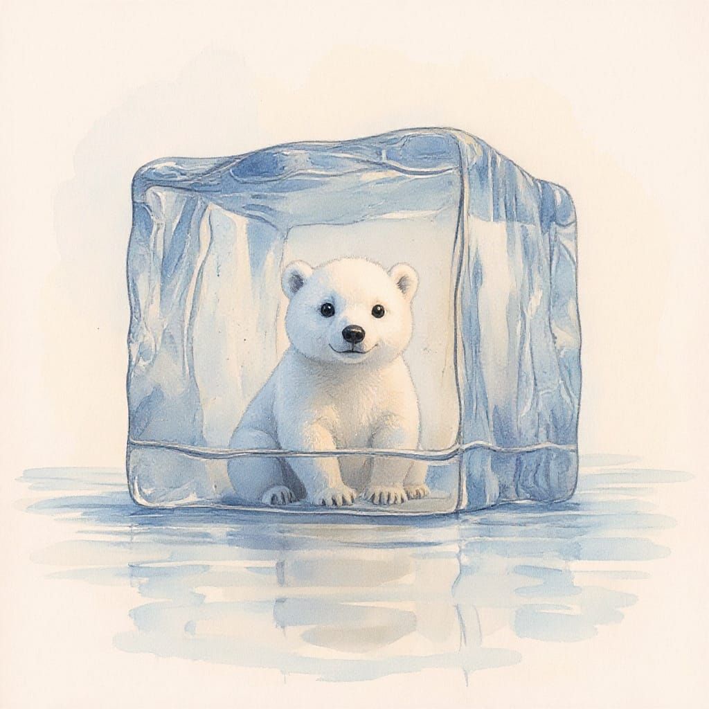 Replace penguin with baby polar bear. Convert to watercolor while maintaining composition.