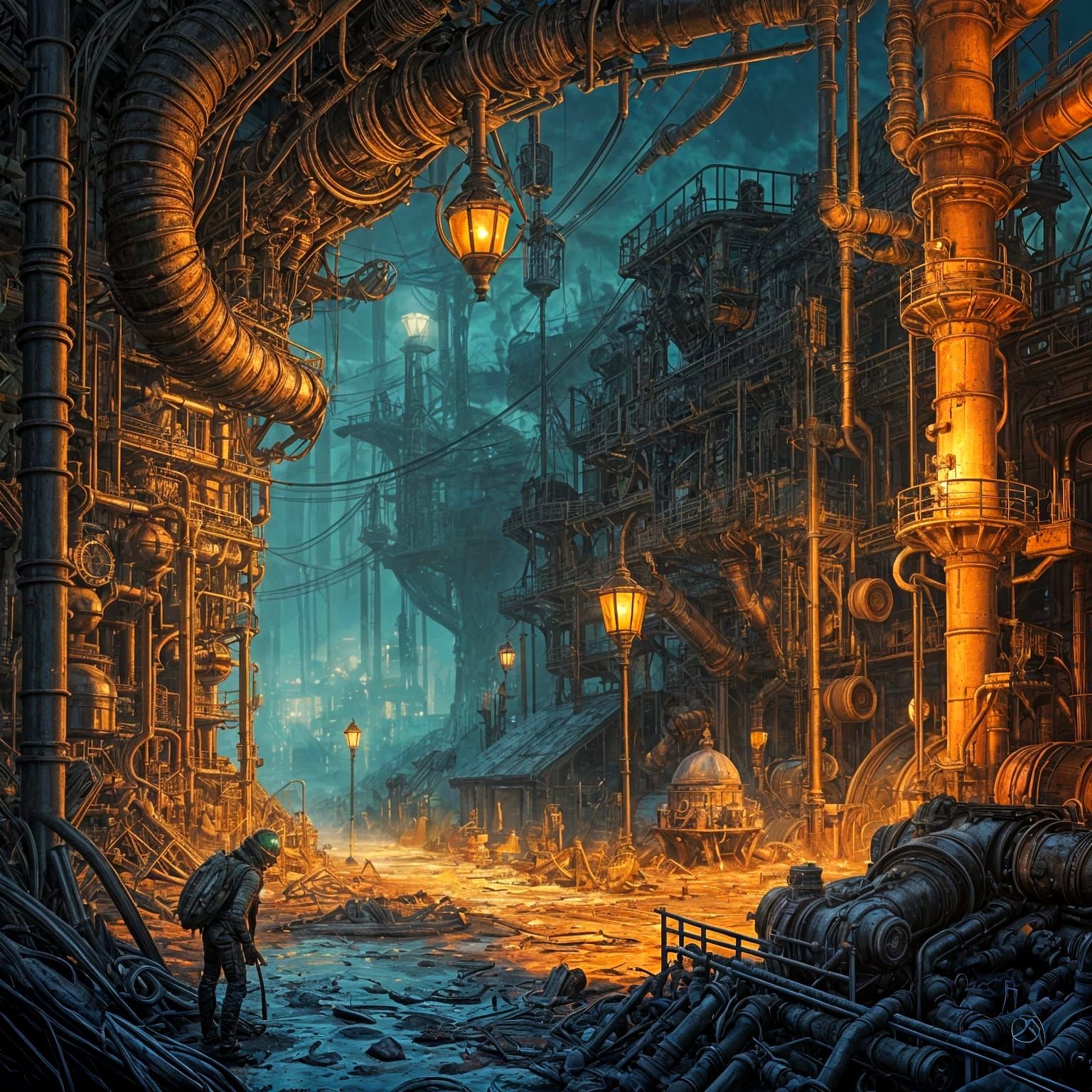 Glowing Iridescent Lizard in Steampunk Sewage Tunnel