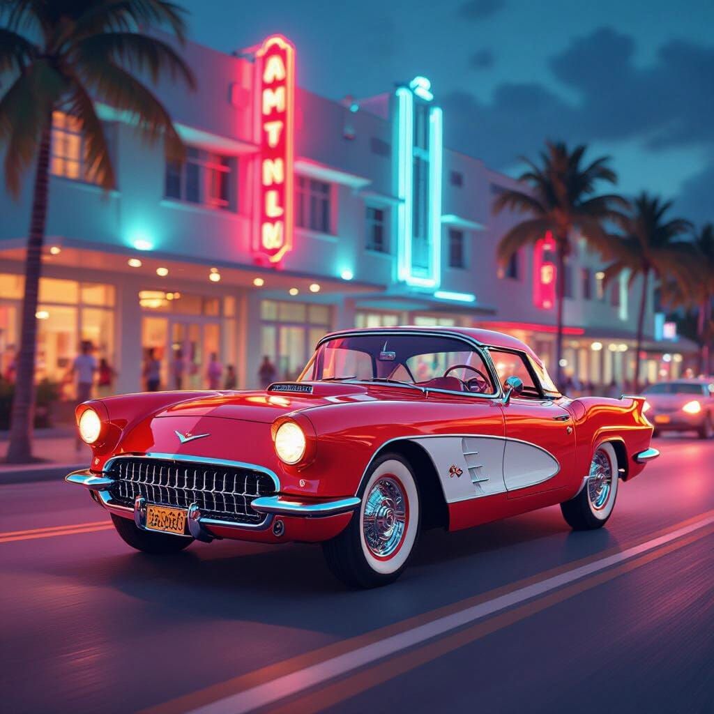 1960 Corvette Cruises Ocean Drive in Art Deco Style