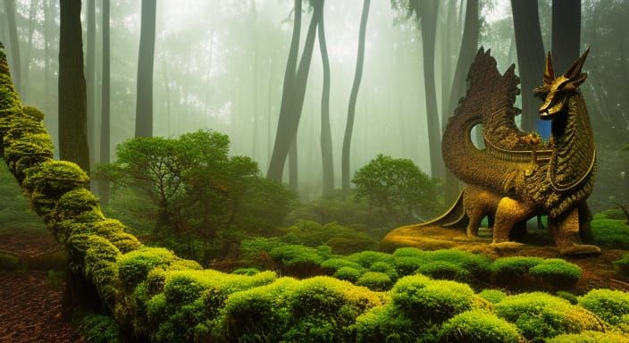 Mystical Stone Dragon Statue in Misty Forest