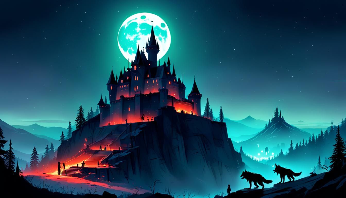 Neon Horror Werewolf Castle in Haze