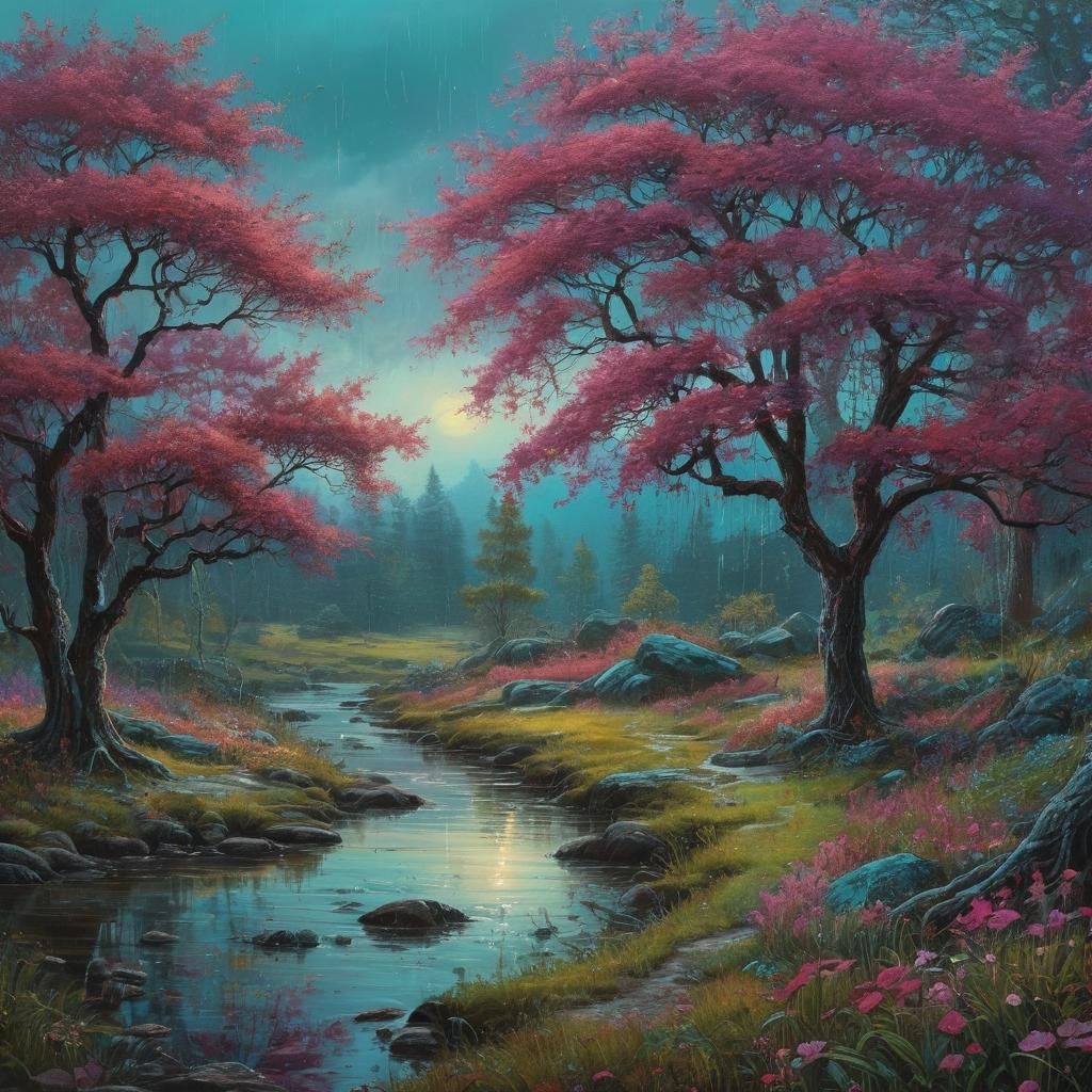 Rainy Swedish Landscape in Cyan-Magenta Light