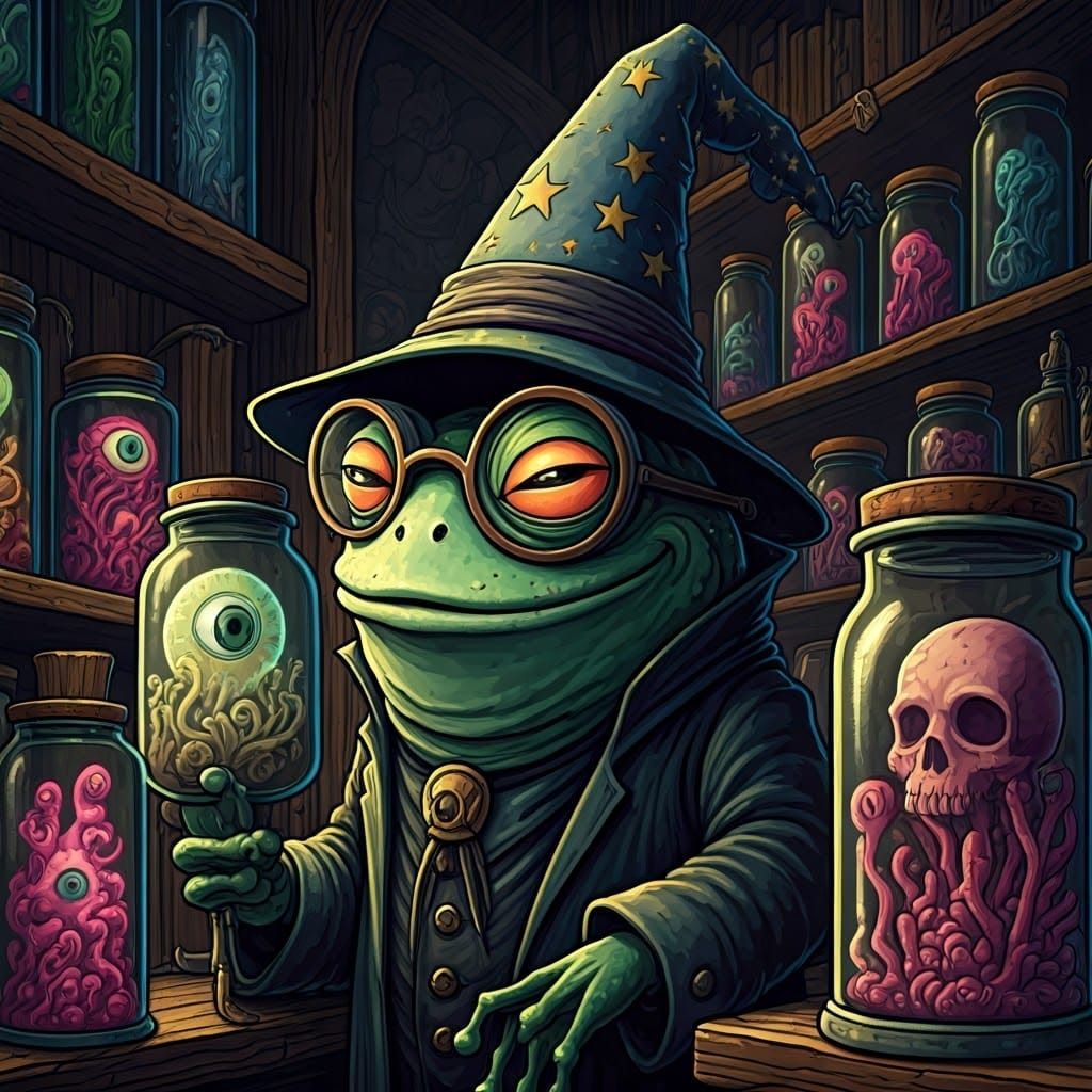 Evil Frog Shopkeeper in Dark Fantasy Style