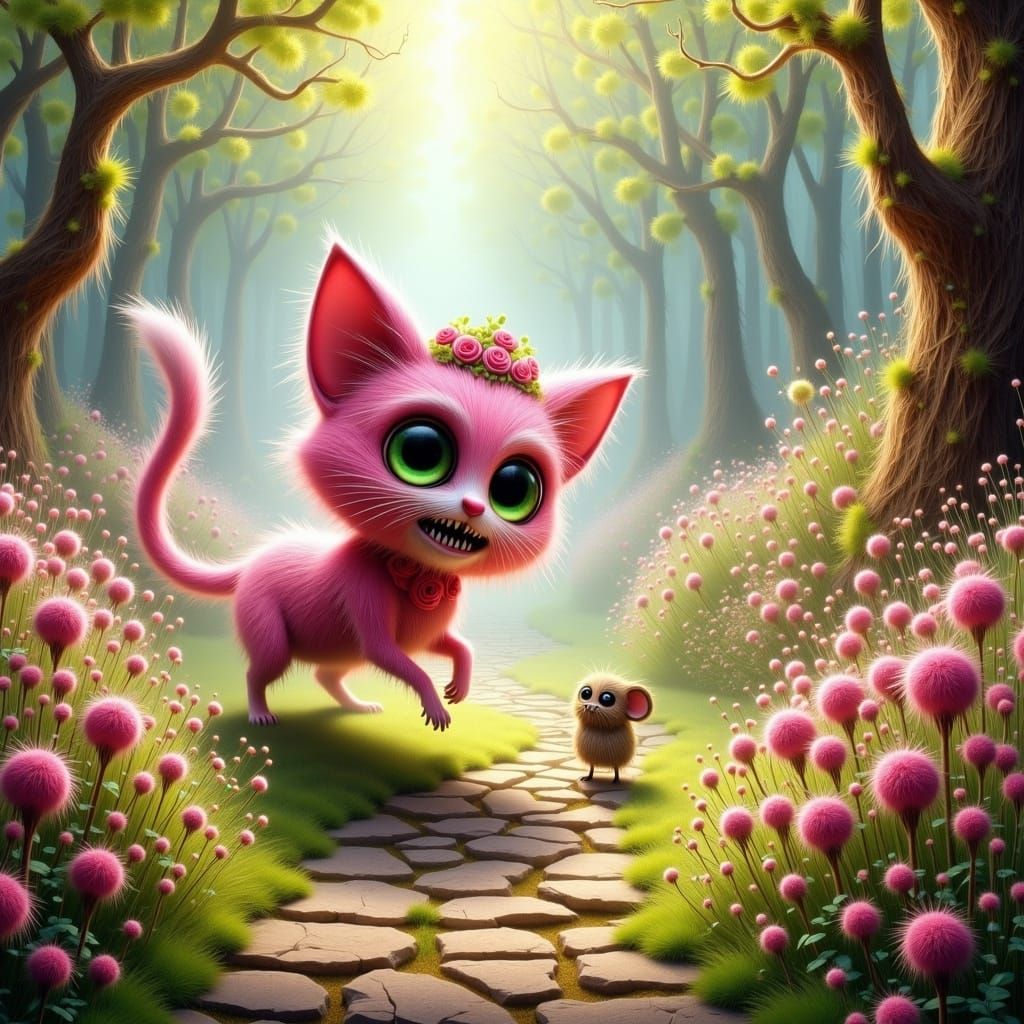 Whimsical Pink Cat Chasing Mouse in Garden