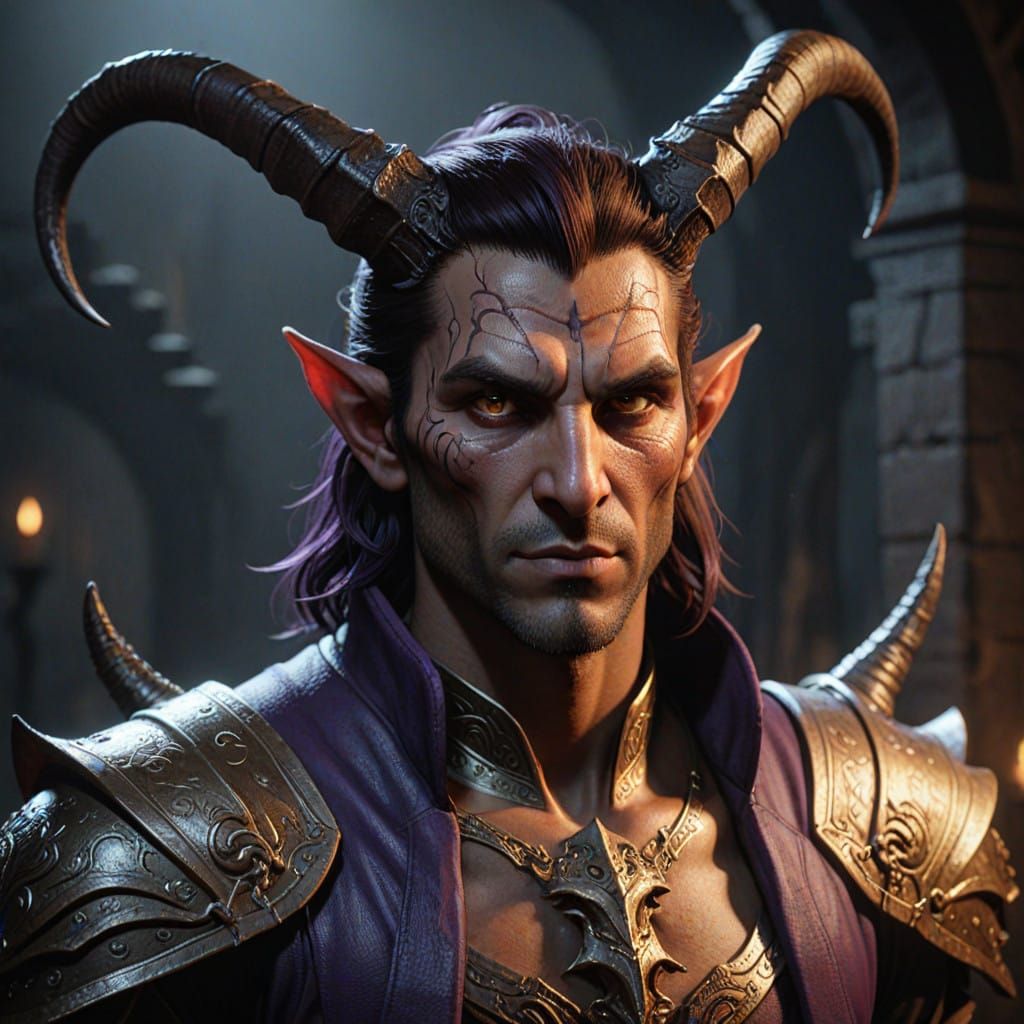 Dark Fantasy Tiefling Male with Draconic Horns and Devil Tai...