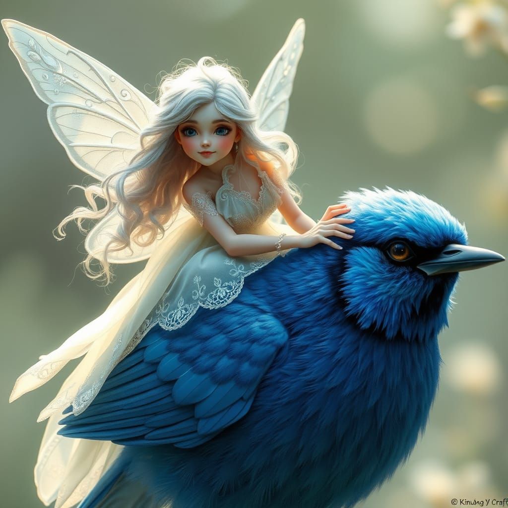 Enchanted Fairy Rides Majestic Bluejay in Dreamy Whimsy