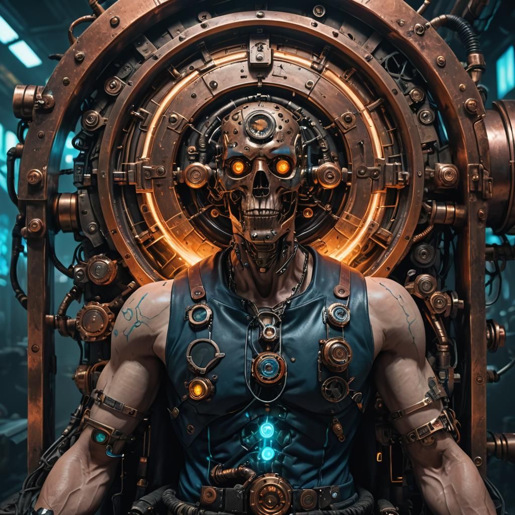 Cyberpunk Time Traveler Merged with Machine