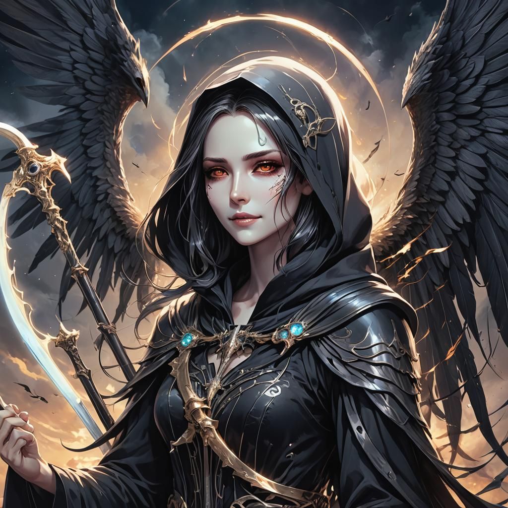 Angelic Grim Reaper Descends in Anime Art Style