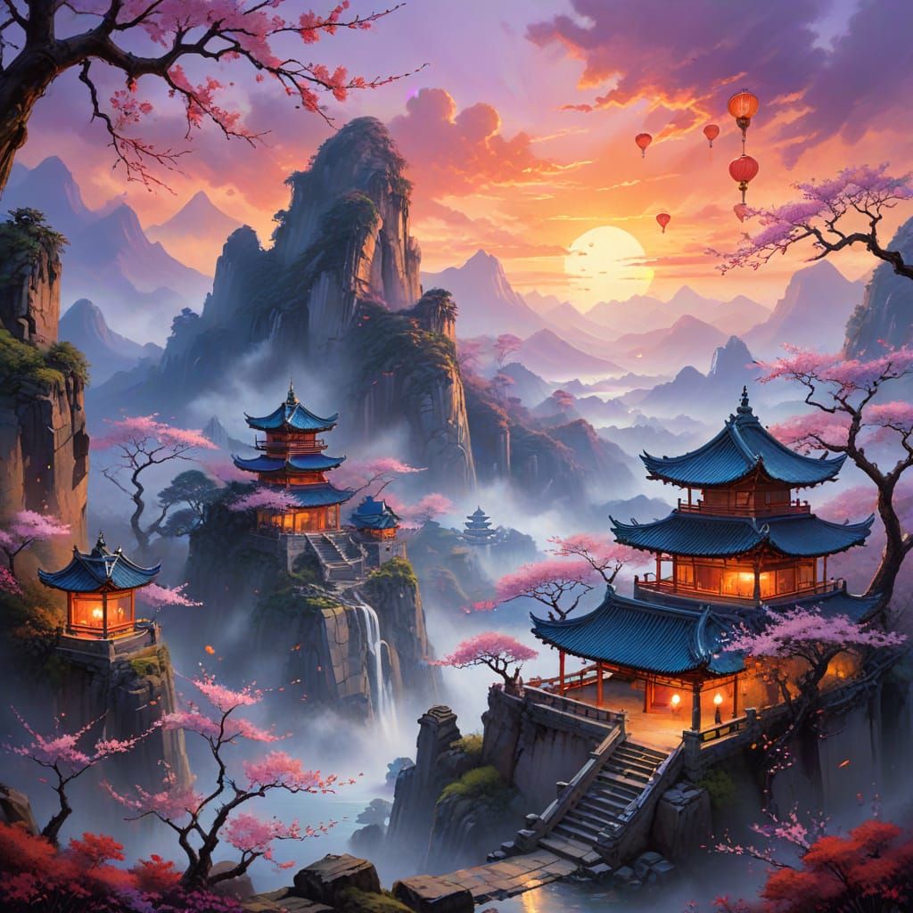 a dreamlike canvas captures dawn over jade mountains painted...