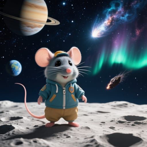 Chibi Mouse on the Moon in Starry Night Sky