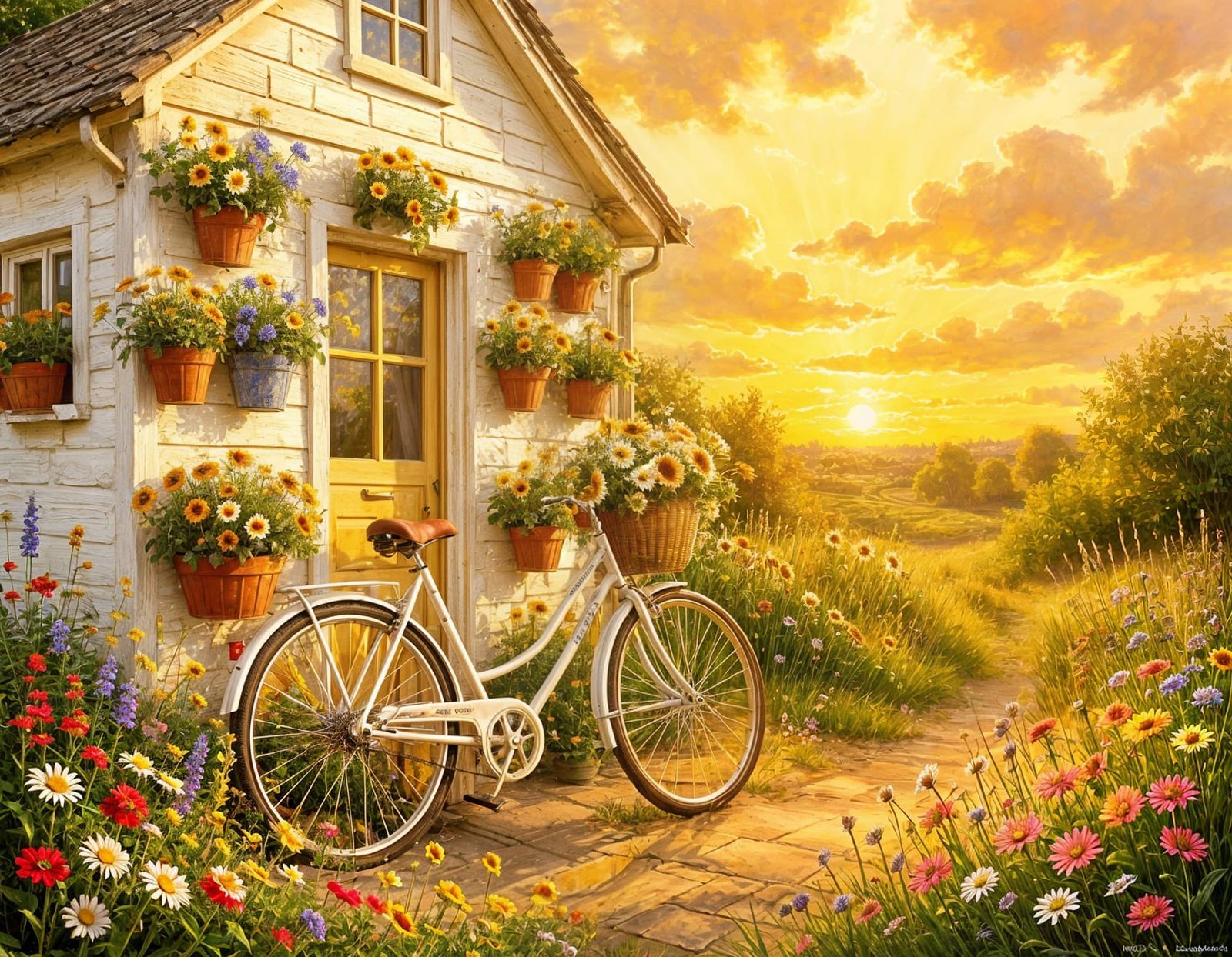 Romantic Cottage Scene With Bicycle and Flowers