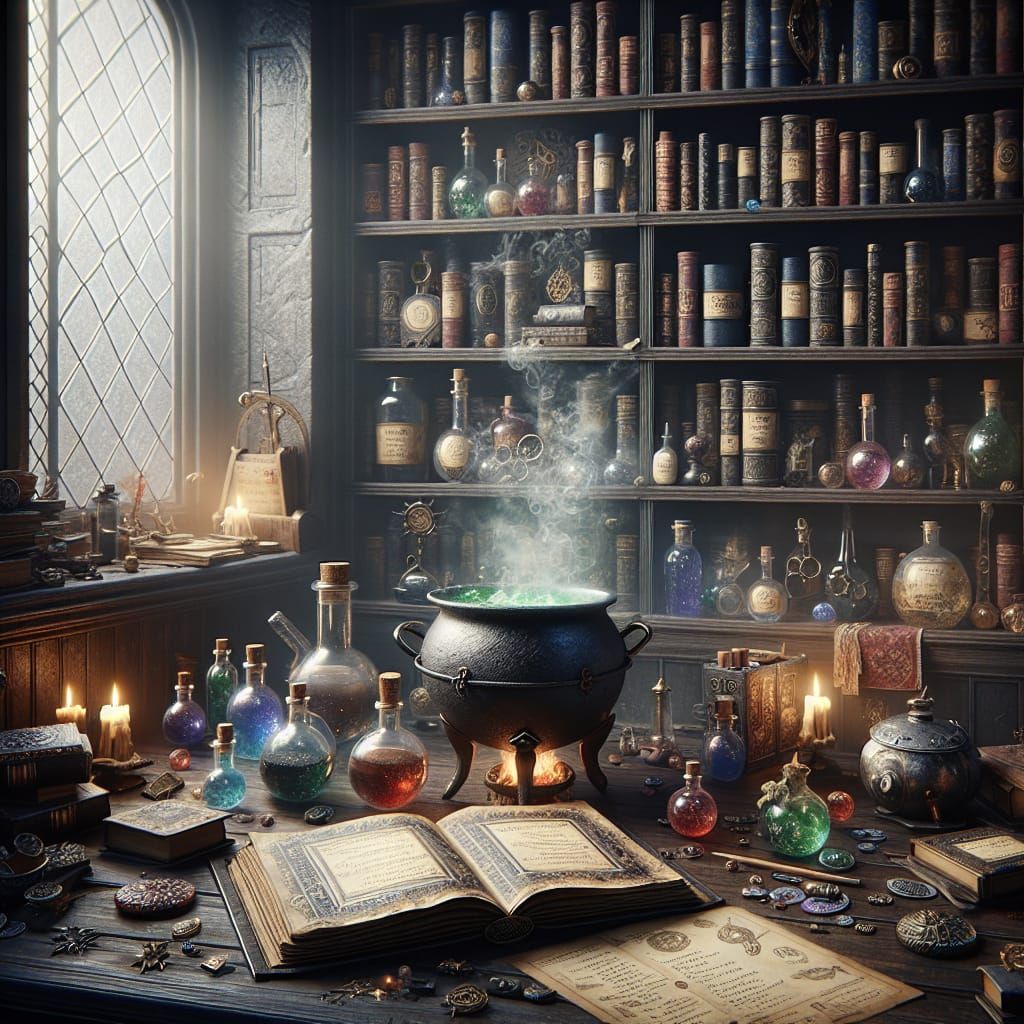 Intricate Magic Potion Shop with Bubbling Cauldron