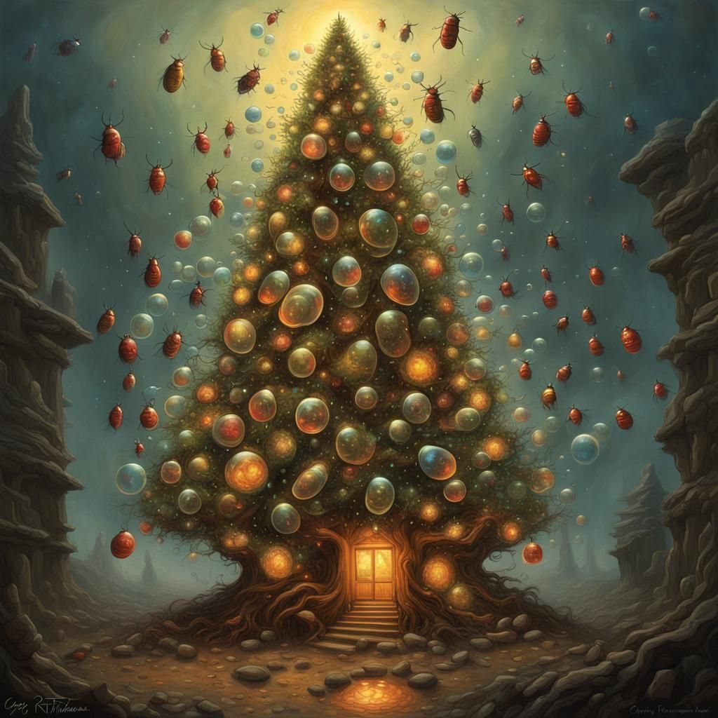 Surreal Christmas Tree with Fireflies and Scarabs