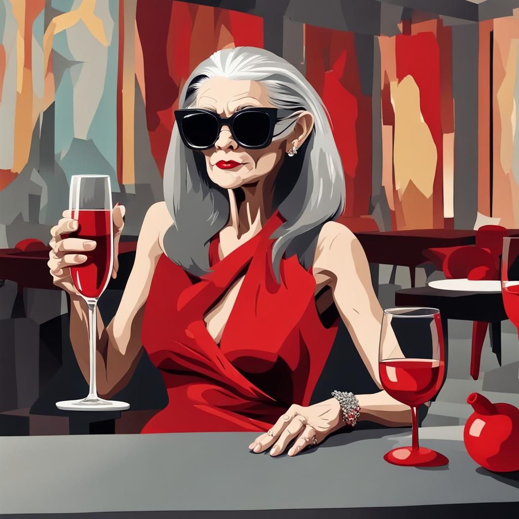 Elegant Woman with Wine in Abstract Art Style