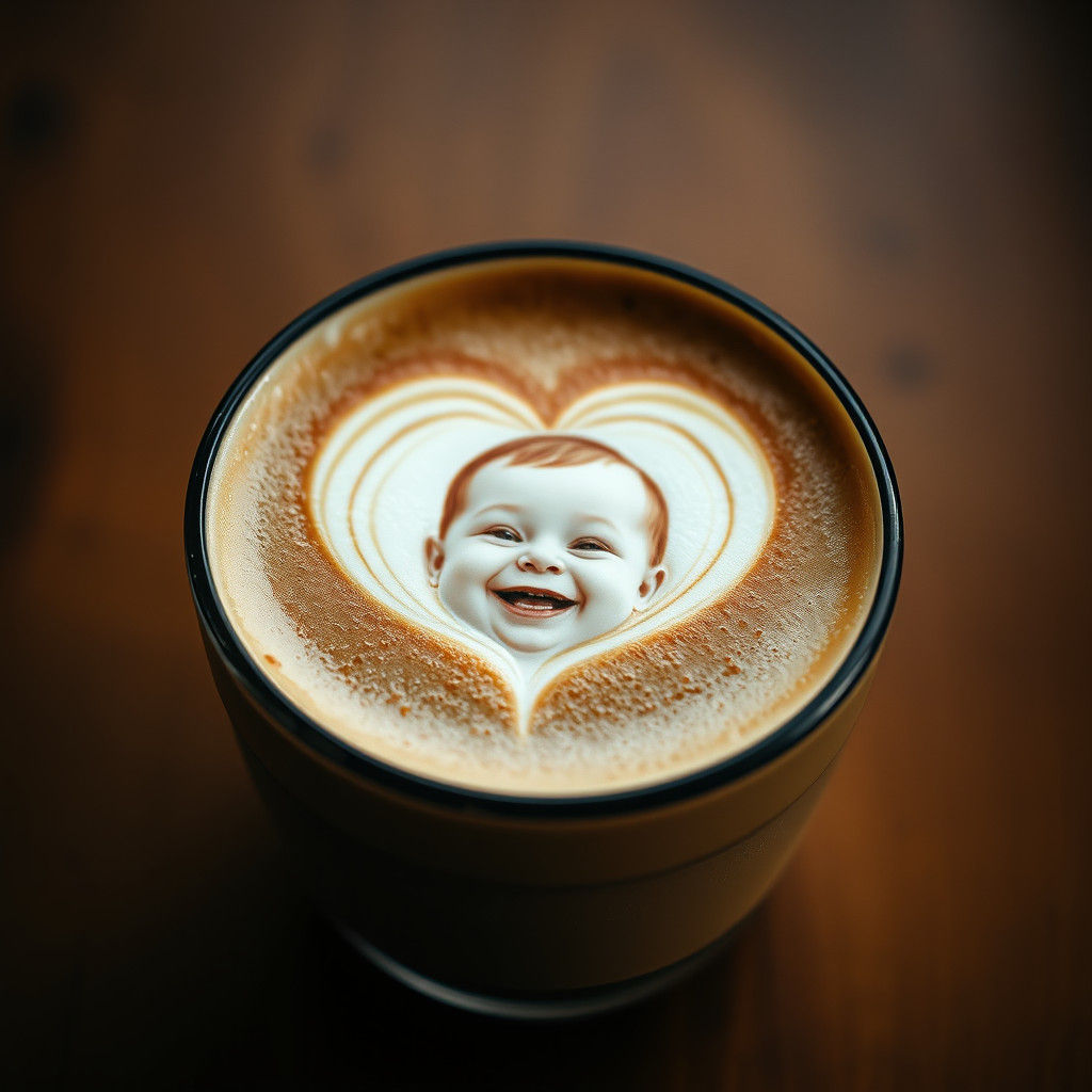 Latte Art Portrait of Cheerful Baby in Heart