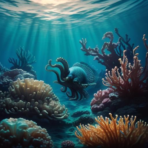 Underwater Octopuses in a Cinematic Style