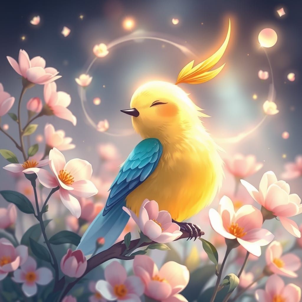 Magical Bird Sings Amidst Blooming Flowers in Anime Style