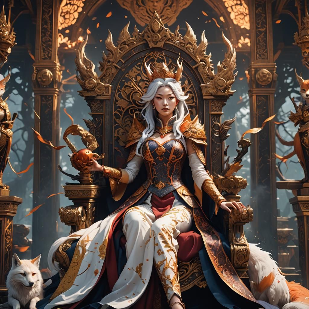 Queen Kitsune on Throne: Fantasy Concept Art