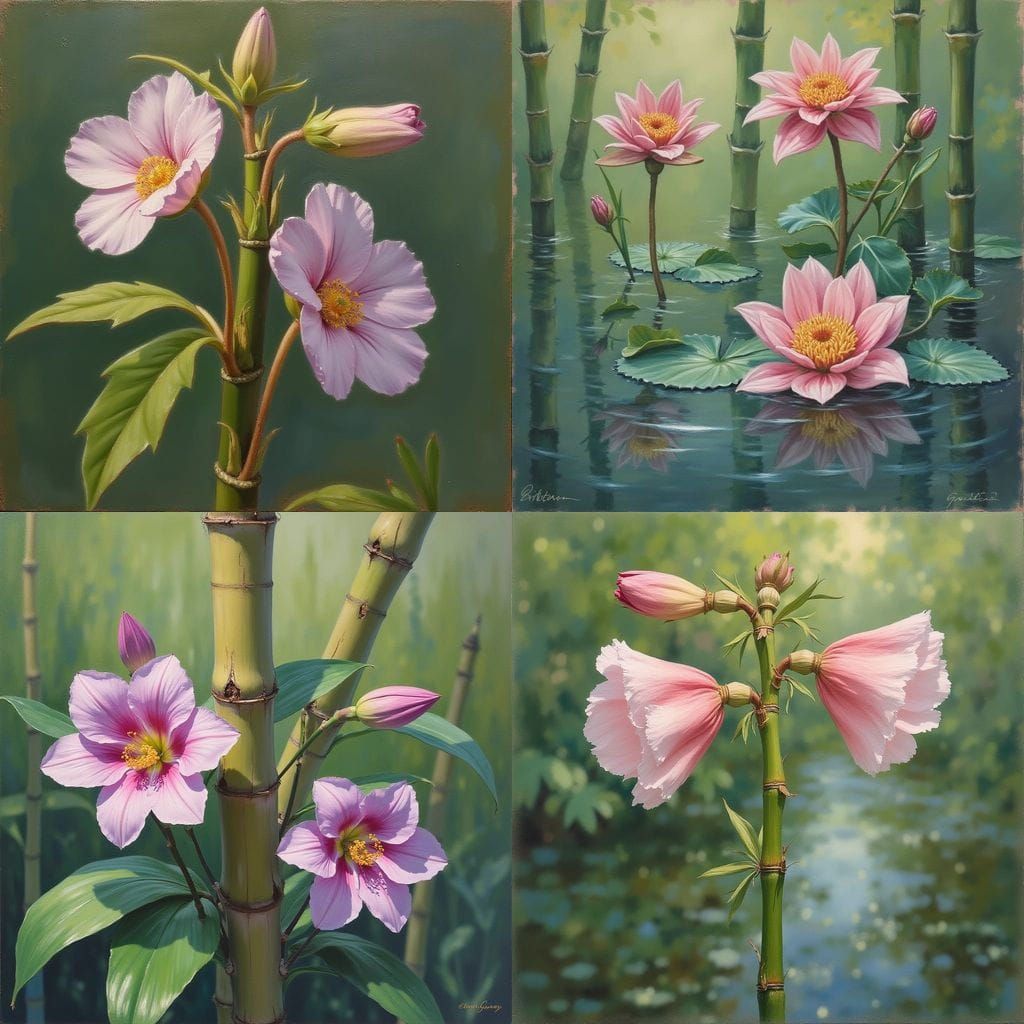Lenten Roses in Bamboo Forest, Water Scene in Oil Painting S...