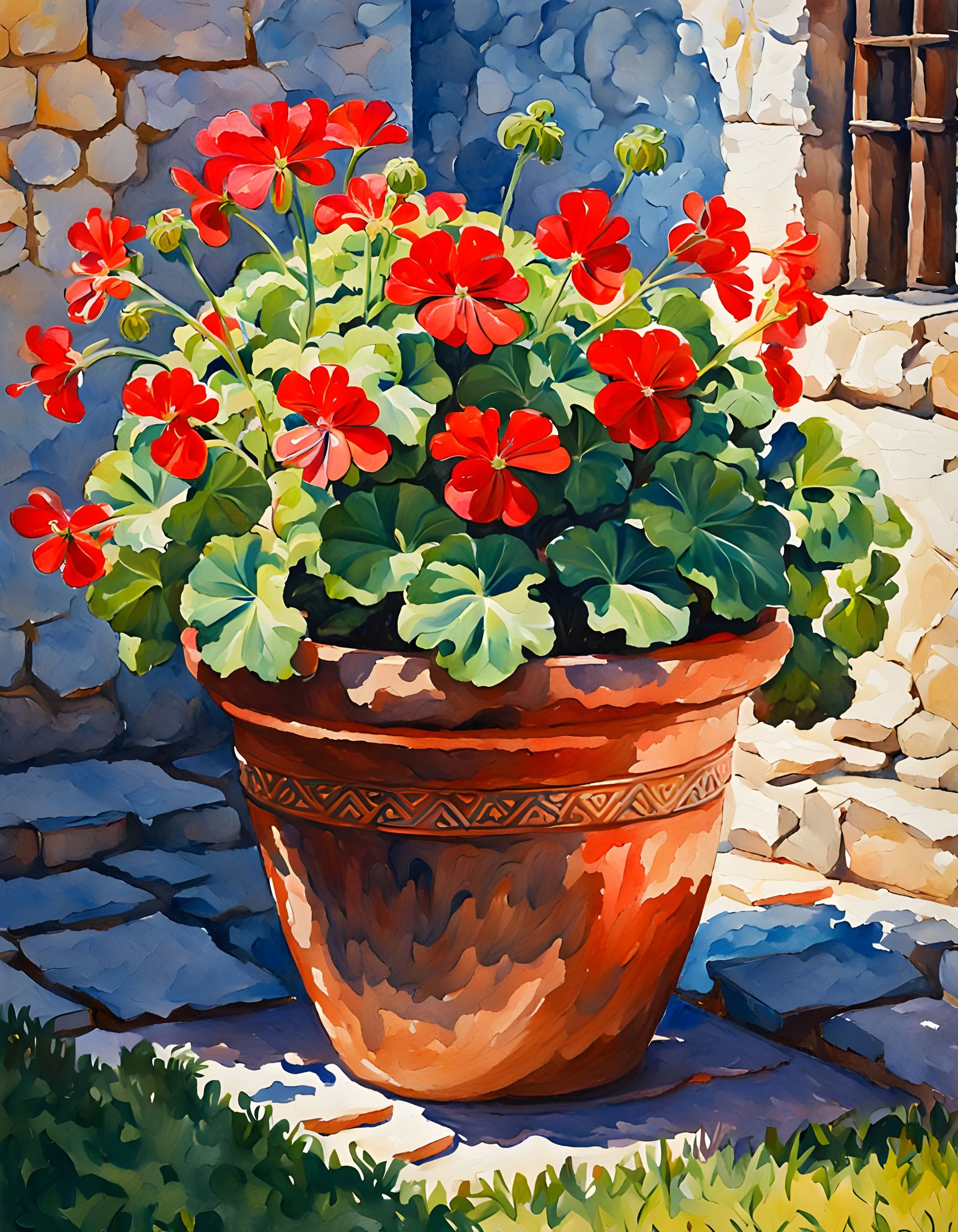 Geranium in Spanish Monastery Garden, Watercolor Painting