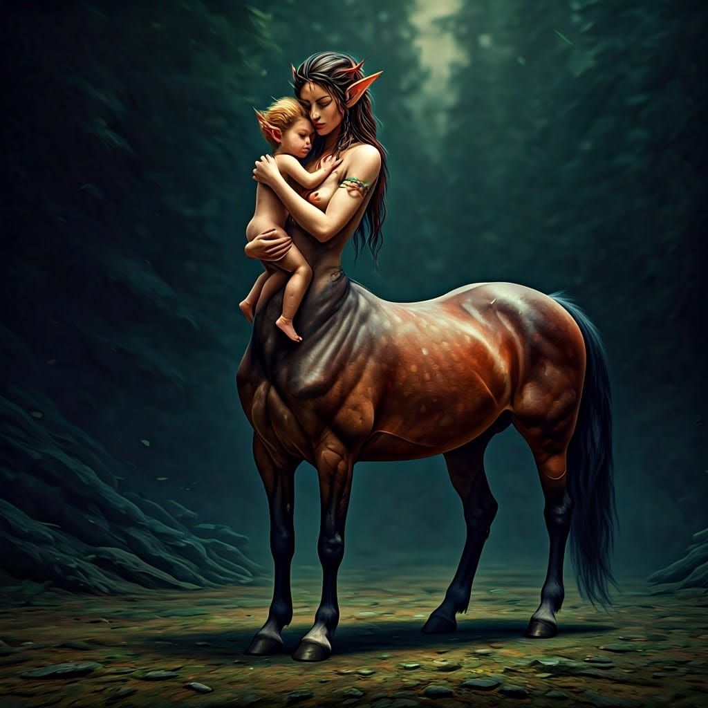 Female Centaur Hugging Child Centaur in Fantasy Art