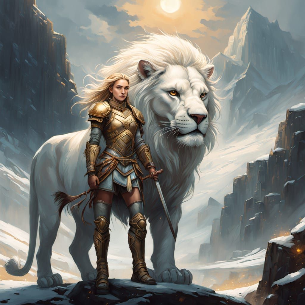 Ethereal Realism: Armored Traveler with White Lion
