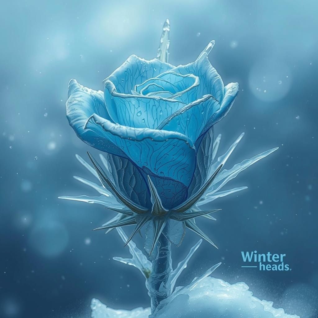 Frozen Blue Rose in Icy Thorns, Mystical Glow