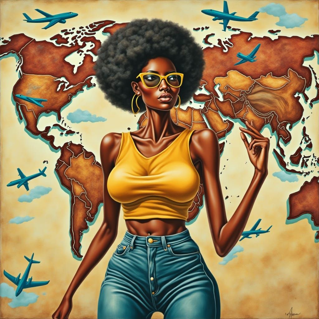 Woman with Sunglasses in Retro-Modern World Collage