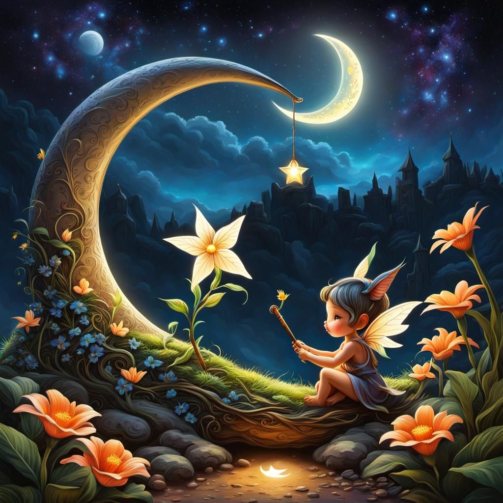 Faery Plays Flute Under Crescent Moon: Digital Illustration