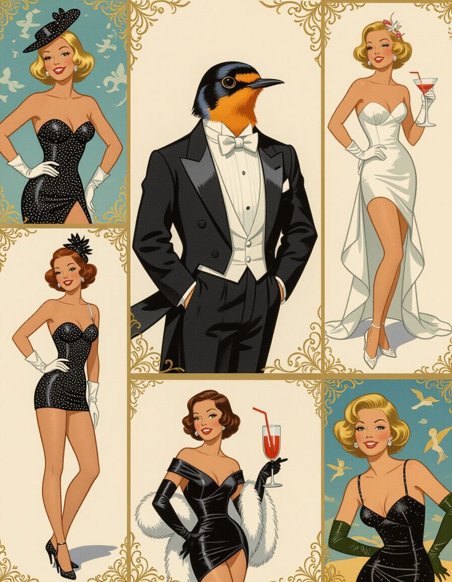 Robin in Tuxedo, Pin-Up Style Illustration